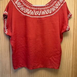 Lucky Brand Red Blouse with White Embroidery